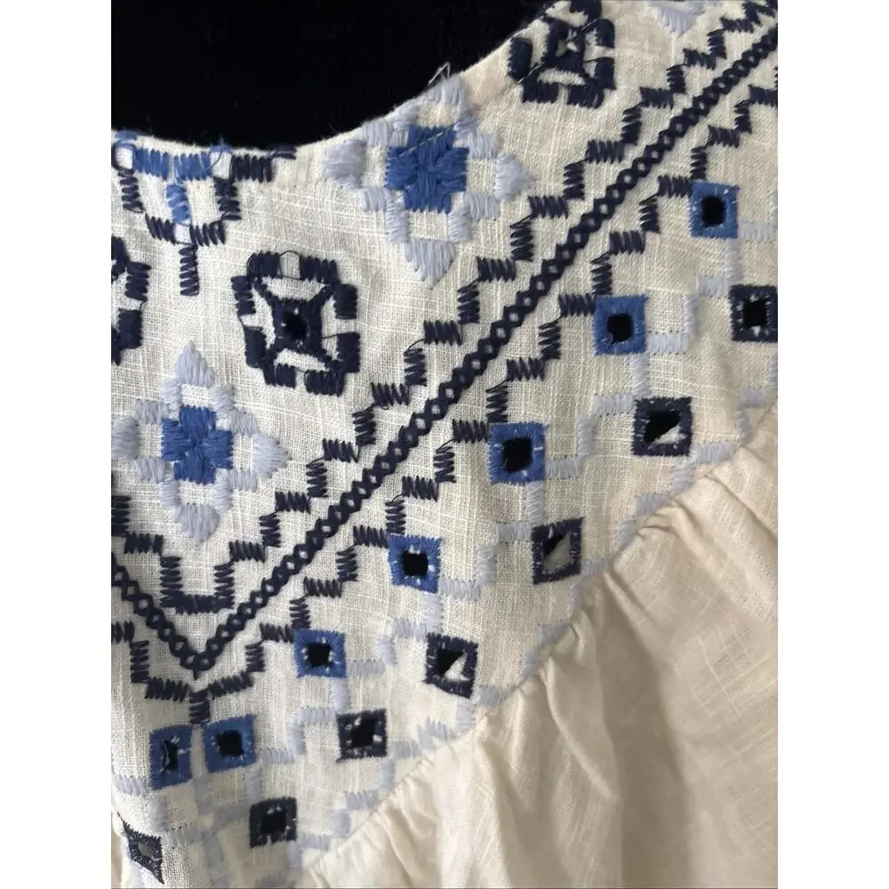 FREE PEOPLE Joni Top S Boho Embroidered Shirred Puff Sleeve Cropped Linen Blu Wh